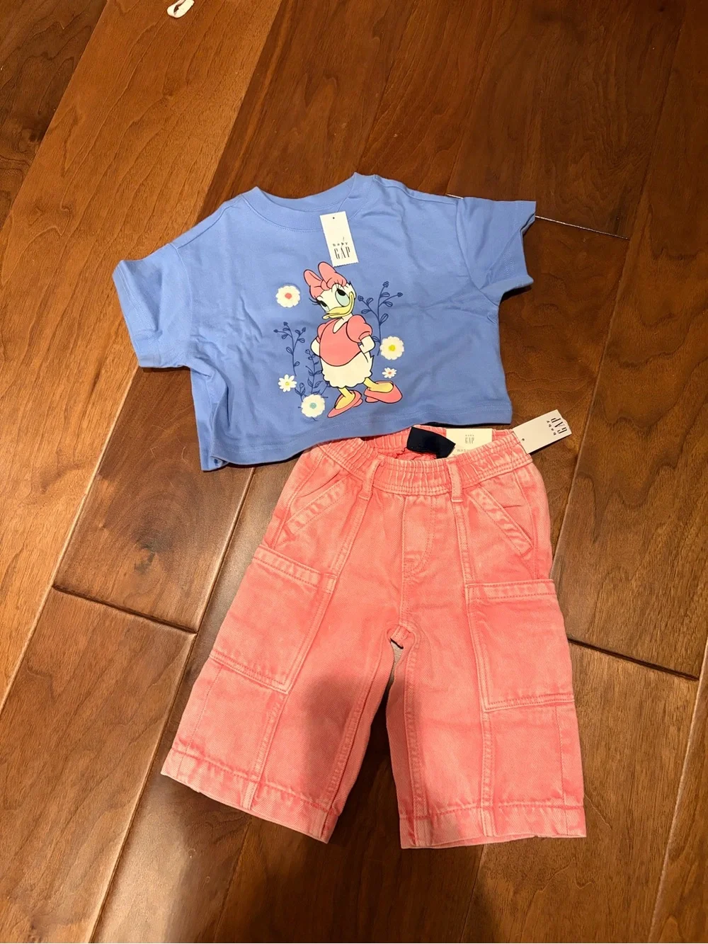 GAP Blue Daisy Duck Tee with Pink Coral denim pants size 6-12mo NWT